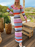 Runhufu Hollow Out Knit Crochet Beach Long Dress Casual Holiday Party Wear Striped Long Sleeve Round Neck Wrap Dress Women