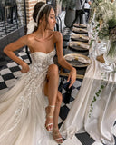 Runhufu Bridal Dress Sexy Sweetheart Side High Slit Ladies Elegant Tulle Appliqué Seaside Wedding Party Backless Robe De Mariée