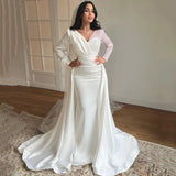 Runhufu Elegant Mermaid Wedding Dresses Long Sleeve Beadings V-Neck Satin Bridal Dress White Evening Wedding Gowns Custom Size