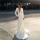 Runhufu Elegant V Neck Beaded Mermaid Wedding Dresses 2024 Long Sleeves Satin Bridal Gown Sweep Train Beach Robe De Mariee