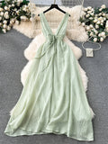 Runhufu French Gentle Holiday Long Dress Summer Deep V-Neck Bandage A-Line Design Female Solid Sleeveless Party Sexy Sundress