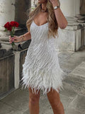 Runhufu Tassels Feather Suspender Party Dress Women Shiny Sleeveless Backless V Neck Mini Dress Club Prom Evening Vestidos