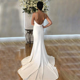 Runhufu Straps Crepe Backless Wedding Dress Plus Size Zipper Cowl Trailing Custom Made Sheath V Neck Bridal Gowns With Train