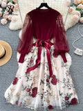 Runhufu Senior Knitted Patchwork Dress Long Lantern Sleeves Bow Mesh Embroidery Floral Women Autumn France Elegant Party Dress