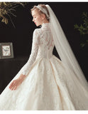 Runhufu Dubai Wedding Dresses Crystal Flowers Ball Gown Wedding Gowns New Long Sleeve Muslim Lace Appliques Bride Dress 2024