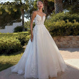 Runhufu Civil Wedding Dress Spaghetti Straps Backless V-Neck Bride Gowns Lace Applique A-Line Tulle Boho vestidos de novia