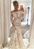 Runhufu See Through Mermaid Wedding Dress Boat Neck Off-Shoulder Long Sleeves Lace Appliques Bridal Gowns Wedding Party dress