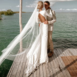 Runhufu Neck Long Fitted Sleeves Sheath Satin Wedding Dress Drop Ship Open Back Covered Buttons Crepe Beach Column Bridal Gowns