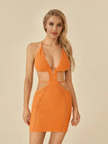 Runhufu Women Sexy Deep V Halter Bodycon Dress Summer Sleeveless Backless Bandage Cutout Knitted Crochet Mini Dress Clubwear