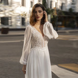 Runhufu Chiffon Wedding Dresses V-Neck Long Sleeves A-line Wedding Bride Dress Lace Applique Dress For Wome 2024 Vestidos De Novia