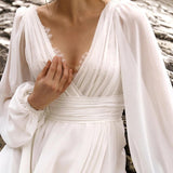 Runhufu Elegant White A-Line Wedding Dresses Puff Sleeve V-Neck Bridal Gowns Boho Beach Lace High Split Wedding Prom Gowns Plus Size