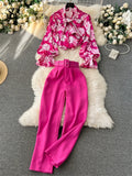 Runhufu Fashion Printed Suits Women Bow Collar Lantern Sleeve Floral Blouse+Belt Solid Long Pants Streetwear Senior Sets