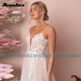 Runhufu Pastrol Wedding Dress for Women Bride Spaghetti Strap A-Line Appliques Open Back Tulle Sweep Train Vestido De Novia