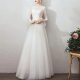 Runhufu Simple Bridal Dress With Bow Belt Classic O-neck Wedding Dresses With Long Sleeve Elegant Lace Tulle A Line Robe De Marie