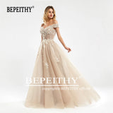 Runhufu Off The Shoulder Lace Evening Dresses Long For Women 2024 Champange A-Line Sleeveles Prom Gown Reception Elegant