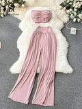 Runhufu Korean Style Hotsweet Sets Sexy Strapless Short Tops+Basics High Waist Split Wide Leg Pants Fashion Casual Beach Suits