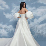 Runhufu White A-Line Wedding Dresses Puff Sleeve Long Satin Bridal Gowns Elegant Boho Beach Evening Wedding Prom Gowns Custom Size