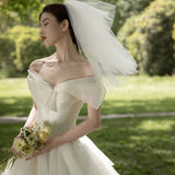 Runhufu Light Simple Boho Wedding Dress 2023 New Boat Neck Off The Shoulder Bridal Dress Tuller Wedding Gowns