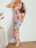 Runhufu Chic Floral& Fish Print Spaghetti Strap Long Dress Women's Summer Elegant Sleeveless O Neck Wrap Slip Bodycon Dress