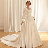 Runhufu Satin Wedding Dresses With Detachable Coat Square Collar Bridal Gowns Long Puff Sleeves 2024 Vestidos De Novia 2024