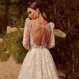 Runhufu Backless V-Neck Lace Wedding Dress A-Line Long Sleeves Tulle Bridal Gown Applique Elegant Button Vestidos De Novia 2024