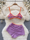 Runhufu Fashion Vacation Shiny Swimsuits Women Strap Backless Camisole+Elastic Waist Shorts Sexy Bikini Beach Two Pieces Suits