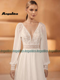 Runhufu Bohemian Chiffon Wedding Dresses for Women A Line Deep V Neck Appliques Button Chapel Train Bridal Gowns Robe De Mariee