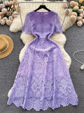 Runhufu French Vintage Casual Lace Dress O Neck Butterfly Sleeve Zipper Hook Flower Hollow Fashion Slim Embroidery Long Dress