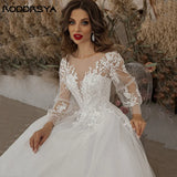 Runhufu Ivory Wedding Dresses Long Sleeve Appliques Lace Up Scoop Neck A-Line Tulle Boho Bride Gown 2024 vestido de noiva Beach