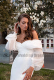 Runhufu Satin Mermaid Wedding Dresses Long Fuff Sleeve Women's Sexy Lace Beach Boho Bride Gowns Off The Shoulder Vestidos De Novia