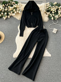 Runhufu Fashion Casual Sports Knitted Suits Zipper Hoodie+Elastic Waist Drawstring Wide Legs Long Pants Winter Two Pieces Sets