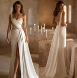 Runhufu Wedding Dress 3D Flowers Appliques Mernaid Satin High Split Floor-Length Beach Bridal Party Gown Women Formal Evening Dress