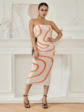 Runhufu Abstract Print Knit Strapless Bodycon Dress Vintage Off-Shoulder Bandeau Wrapped Long Dresses Beach Party Street Outfit