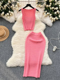 Runhufu 2024 Retro Knitted Two Pieces Sets Sleeveless Short Top+High Waist Slim Long Skirts Female Summer Hotsweet Suits