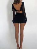 Runhufu Black Bodycon Dress Spring Summer Sexy Mesh Long Sleeves Ruffles Deep V Tie-Up Short Dress Women Party Streetwear