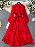 Runhufu Vintage Senior Pleated Dress V Neck Lantern Sleeve Zipper Bow Diamonds High Quality Lady France Elegant A Line Dress