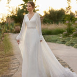 Runhufu Two Pieces Wedding Dresses with Cape Lace Bridal Gowns 2024 Long Sleeves Bride Dress V Neckline Wedding Gowns Back Out