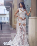 Runhufu See-through Lace Wedding Dress High Neck Sleeveless Illusion Back Boho New Women Wedding Party Dress Vestidos De Novia 2024