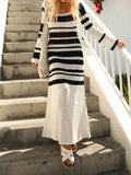 Runhufu Casual Summer Knit Beach Long Dress Women Stripe Long Sleeve Square Neck Hollow Out A-Line Maxi Dress Vacation Clothes