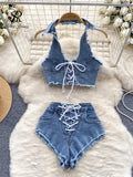 Runhufu High Quality Denim Sets Fashion Sleeveless Backless Halter Short Tank+Cross Lace up Sensual Shorts Women Sexy Suits