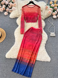 Runhufu Korean Style Two Piece Suits O Neck Midi Blouse+High Waist Colorful Bodycon Skirt Women Fashion Transparent Slim Sets