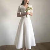 Runhufu Satin Wedding Dresses For Women Classic V-neck Bridal Dress With Short Sleeve Elegant A Line Simple Vestidos De Novia