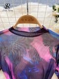 Runhufu Tie Dye Sheer Sensual Bodysuits Women O Neck Long Sleeves Transparent Slim Blouse Fashion Y2K Mesh Print Playsuits