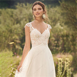 Runhufu A Line Wedding Dress 2023 Appliques Cap Sleeves Illusion Back For Women V Neck Bridal Gowns Robe De Mariée Court Train
