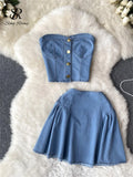 Runhufu Summer Fashion Denim Two Pieces Suits Strapless Sexy Top+ Short A Line Skirt Streetwear Hotsweet Vintage Beach Sets