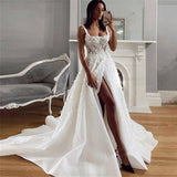 Runhufu Ladies Wedding Dress Lace Applique Beach Bridal Dress Satin Elegant Princess Robe Open Back Spaghetti Straps 2023 Side