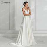 Runhufu V Neck Sexy Backless Satin Ivory Wedding Dresses For Women Sleeveless 2024 Lace Bodice Sweep Train Boho Bridal Gown