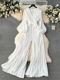 Runhufu V Neck Jumpsuits for Women Long Puff Sleeve Belt Design Loose Wide Legs Pleated Pants Streetwear Fashion OL Bodysuits