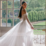 Runhufu Elegant Wedding Dresses Off The Shoulder Bridal Gowns With Detachable Train Lace Appliques Side Slit Vestidos De Novia