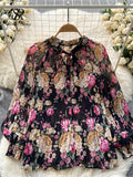 Runhufu Korean Print Chiffon Shirt Bow Neck Long Sleeves Loose Leopard Top Casual Paisley Vintage Floral Blouse Spring 2024